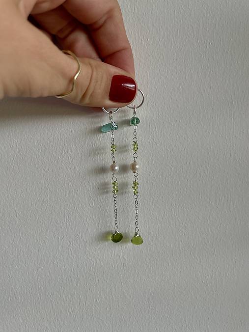 Sterling Silver Earrings with Peridot, Pearl & Raw Tourmaline