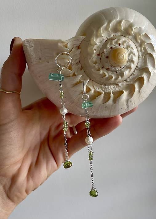 Sterling Silver Earrings with Peridot, Pearl & Raw Tourmaline